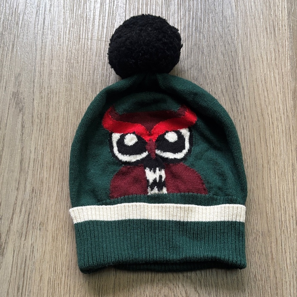 Green Owl Beanie with Pom Pom